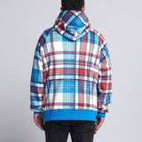 Hoodie humano xadrez azul e vermelho